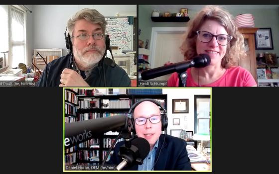 "The Francis Effect" podcast co-hosts David Dault, Heidi Schlumpf and Franciscan Fr. Daniel Horan talk during the latest episode. (NCR screenshot)